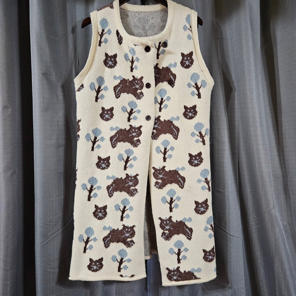 Cream Cat Tree Print Longline Knit Cardigan Vest Sleeveless womens L/XL Heavy